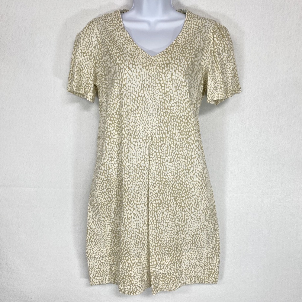 Nicole Miller Womens S Dress Beige Linen Blend Resort Wear V-Neck Spotted Shift